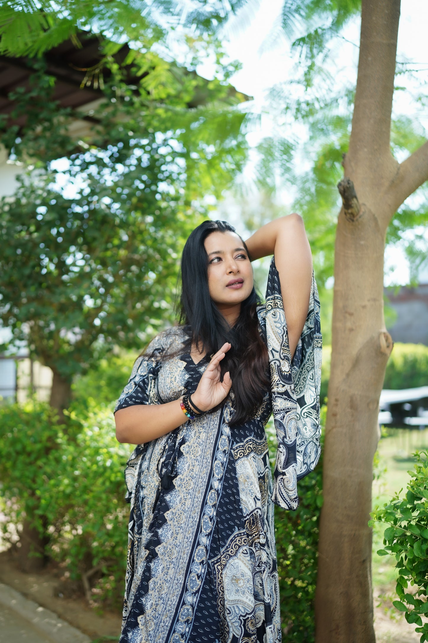 White & Black Fusion Long Full Flair Dress