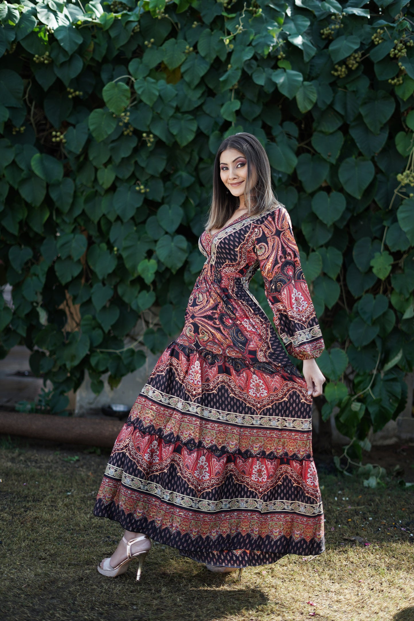 Red & Black Long Full Flair Dress