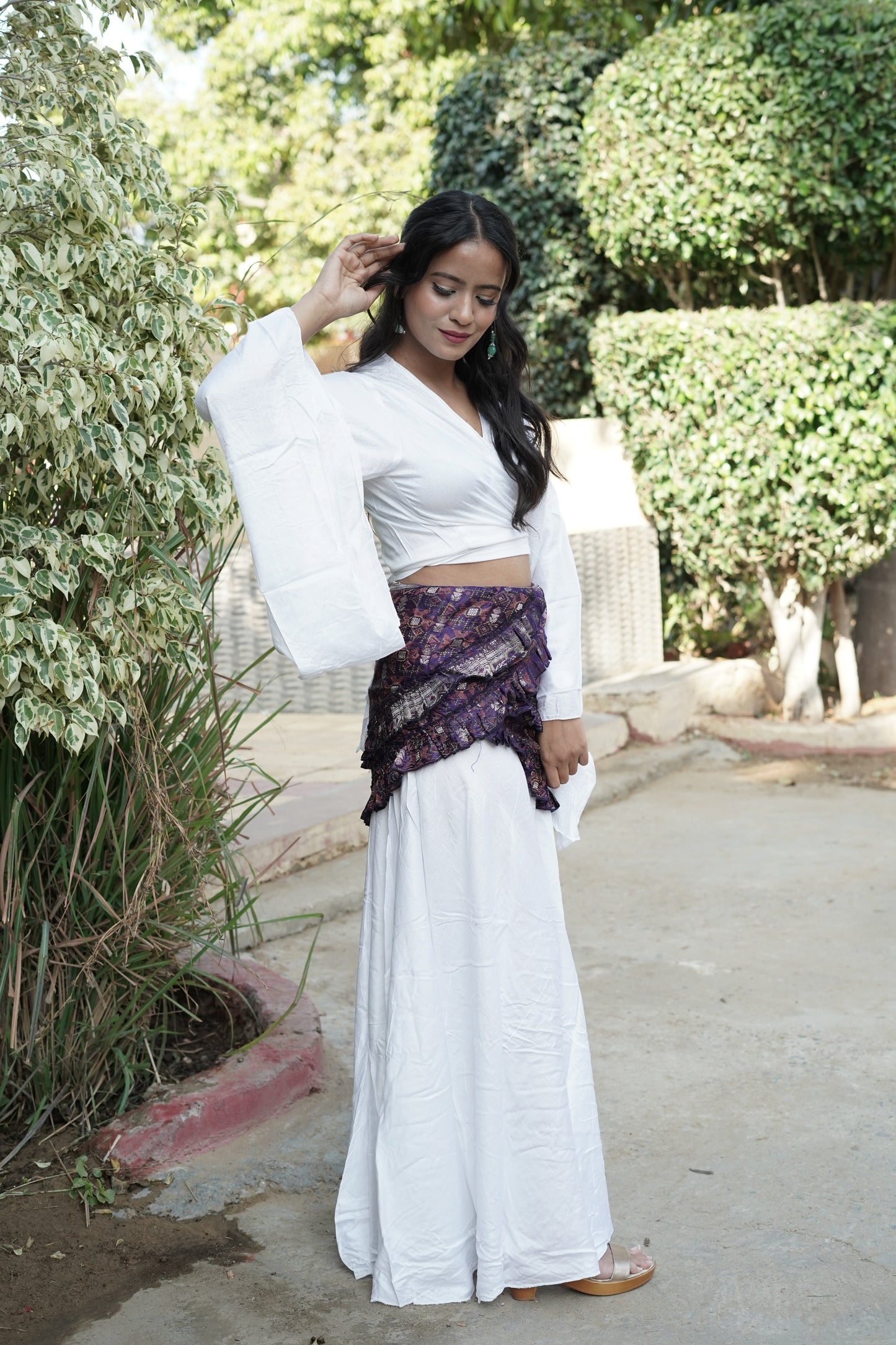 Soft Linen White Skirt Co-ord Set with purple fusion wrap around