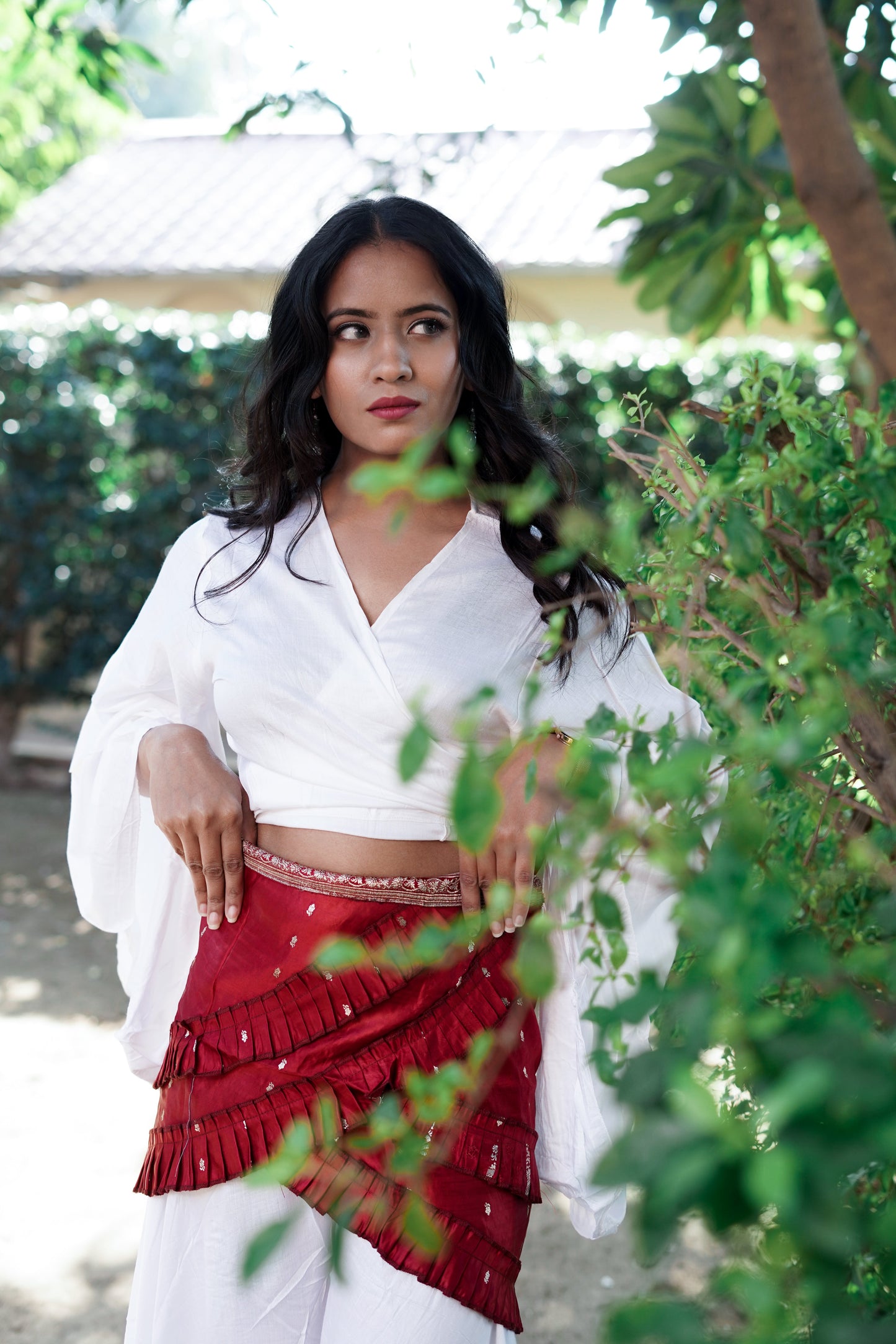 Soft Linen White Palazzo Co-ord Set with maroon wrap around