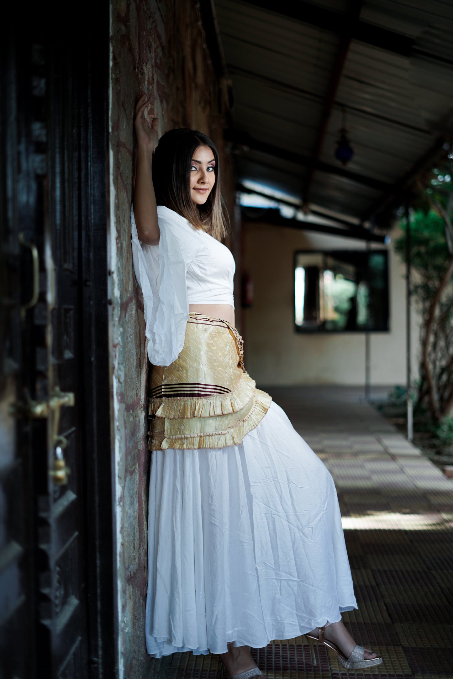 Soft Linen White Skirt Co-ord Set with Yellow wrap around