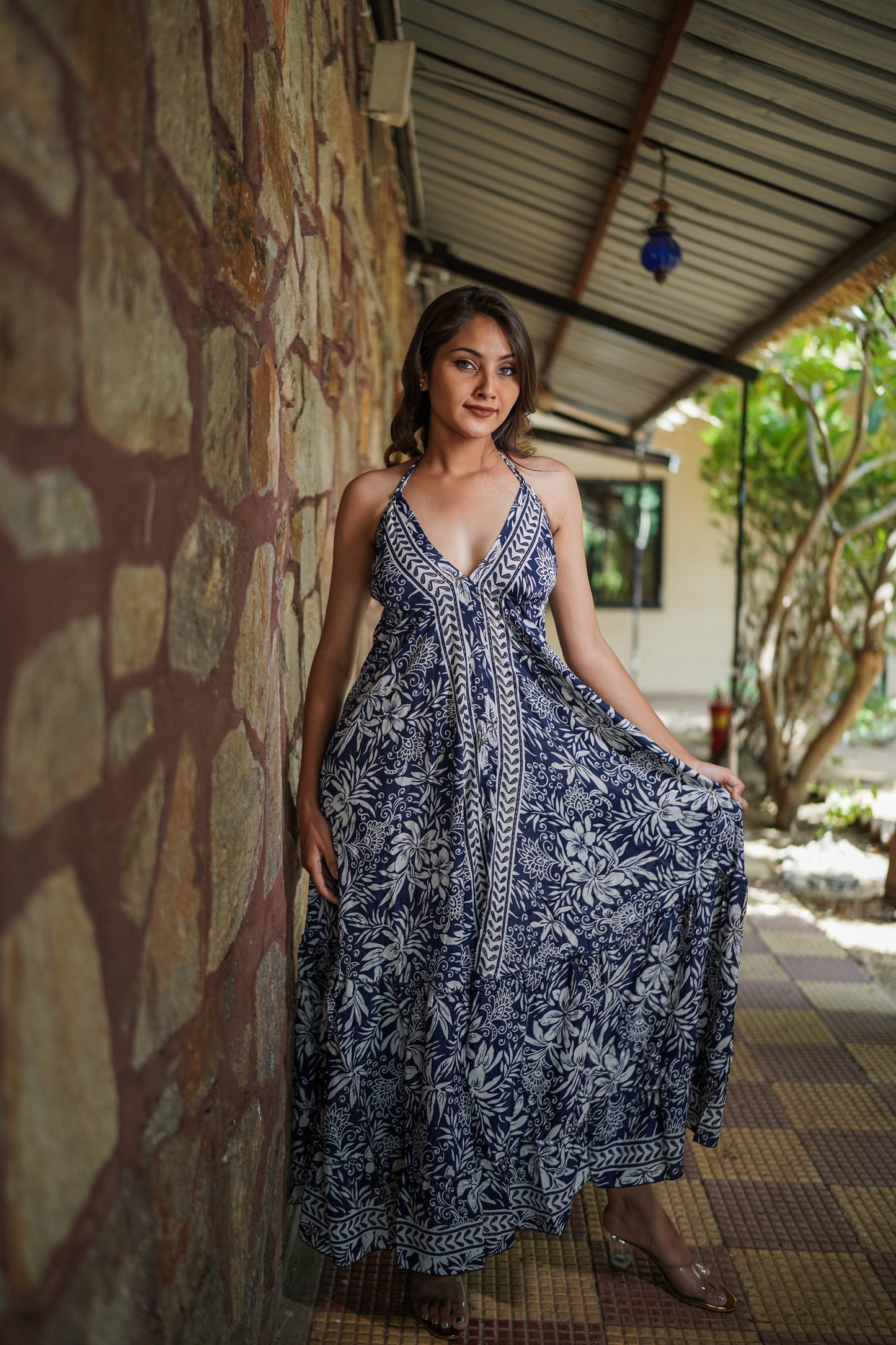 Royal Blue & White Backless Long Dress